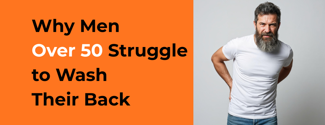 Man over 50 experiencing back mobility difficulty while washing